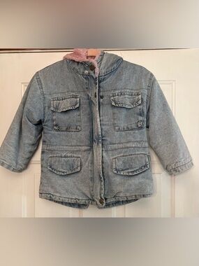 🎀 Girls T.S.H.H Denim Coat with Pink Faux Fur Lining - Heavy & Warm Jacket